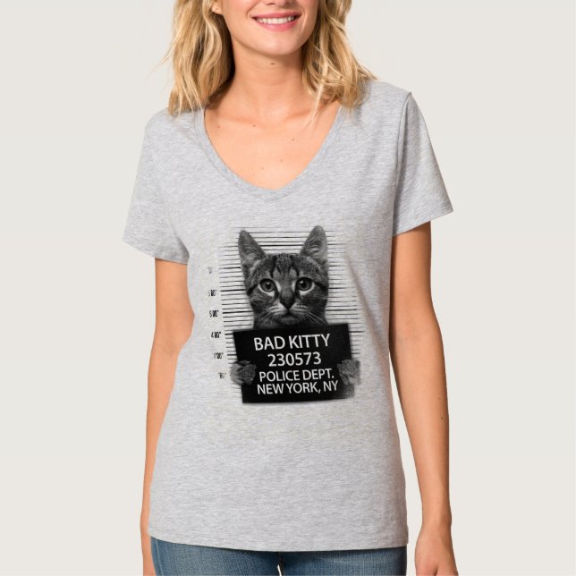Bad Kitty Cat Police Arrest Photo Funny  T-Shirt (Front)