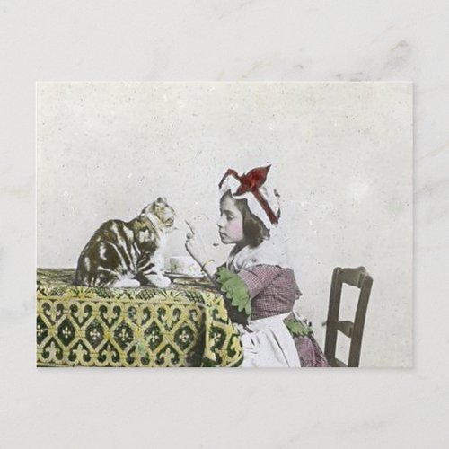 Bad Kitty Victorian Tea Party Vintage Little Girl Postcard