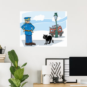 Bad Luck Black Cat Policeman and Accident Poster