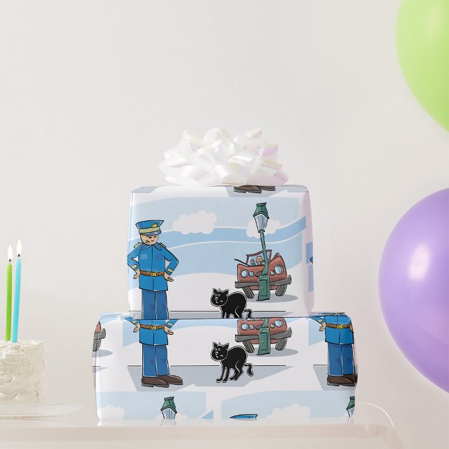 Bad Luck Black Cat Policeman and Accident Wrapping Paper (Creator Uploaded)