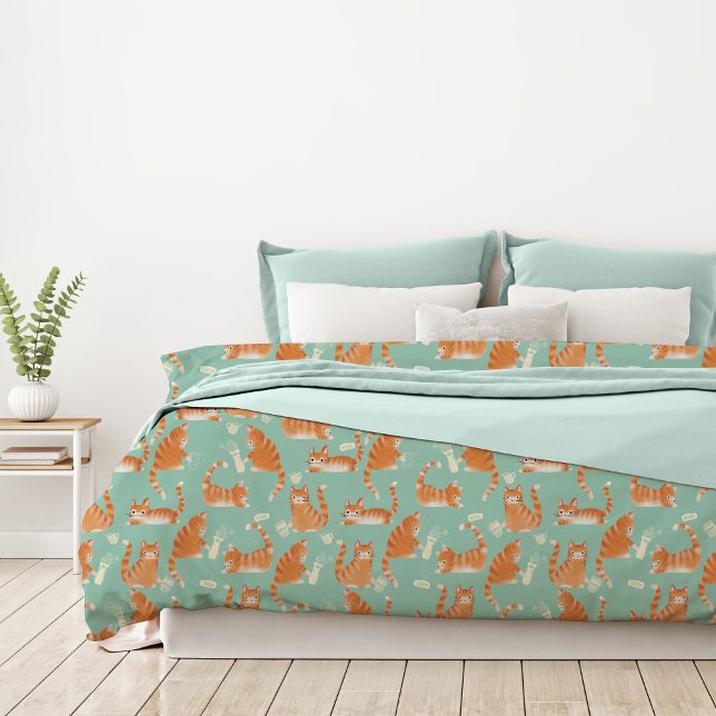 Bad Orange Tabby Cats Knocking Stuff Over Pattern Duvet Cover (Cute Bad Orange Tabby Cats Knocking Stuff Over Pattern Duvet Cover)