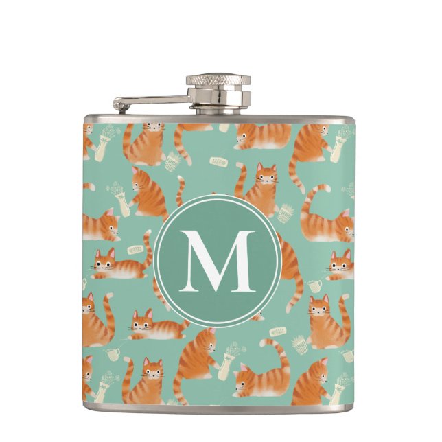 Bad Orange Tabby Cats Knocking Stuff Over Pattern Flask (Front)