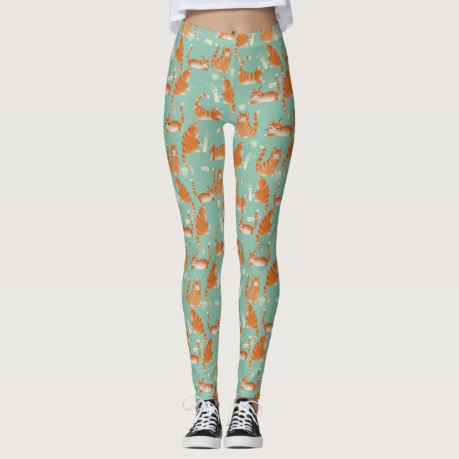 Bad Orange Tabby Cats Knocking Stuff Over Pattern Leggings (Front)