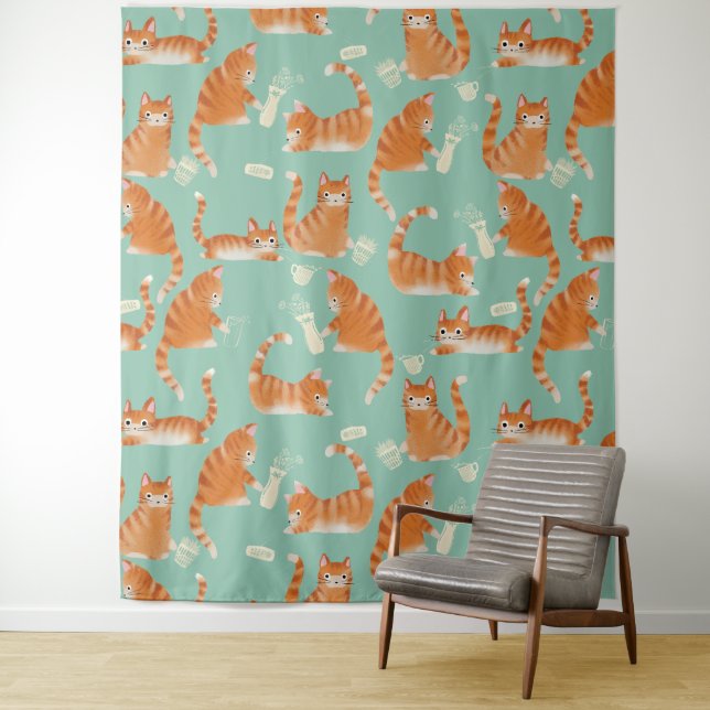 Bad Orange Tabby Cats Knocking Stuff Over Tapestry (In Situ)