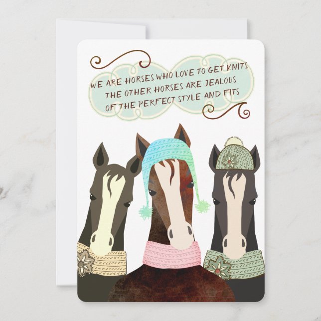 Bad poetry horses Christmas handmade knitting Holiday Card (Front)