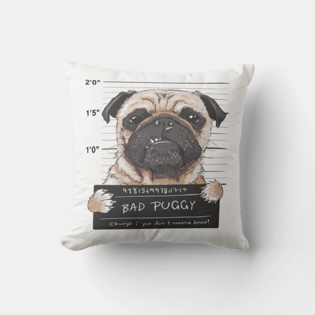 Bad Puggy Mug Shot Throw Pillow (Front)