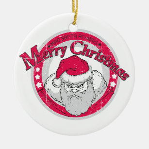 Christmas Cat Bad Santa Champagne And Hat Circle Ceramic Ornament