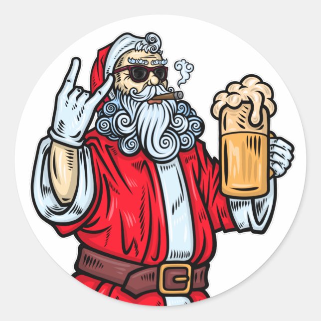 Bad Santa Claus, Rock, Beer and Cigar Classic Round Sticker (Front)