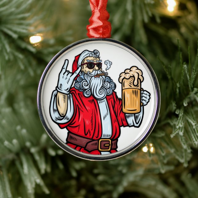 Bad Santa Claus, Rock, Beer and Cigar Metal Ornament (Tree)