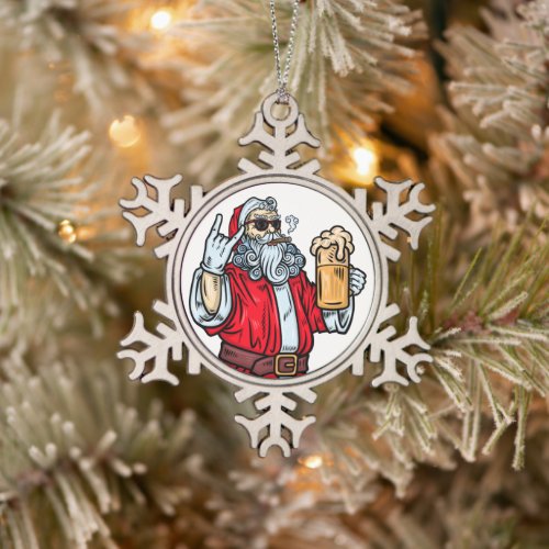 Bad Santa Claus Rock Beer and Cigar Snowflake Pewter Christmas Ornament