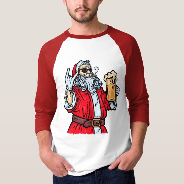Bad Santa Claus, Rock, Beer and Cigar T-Shirt (Front)
