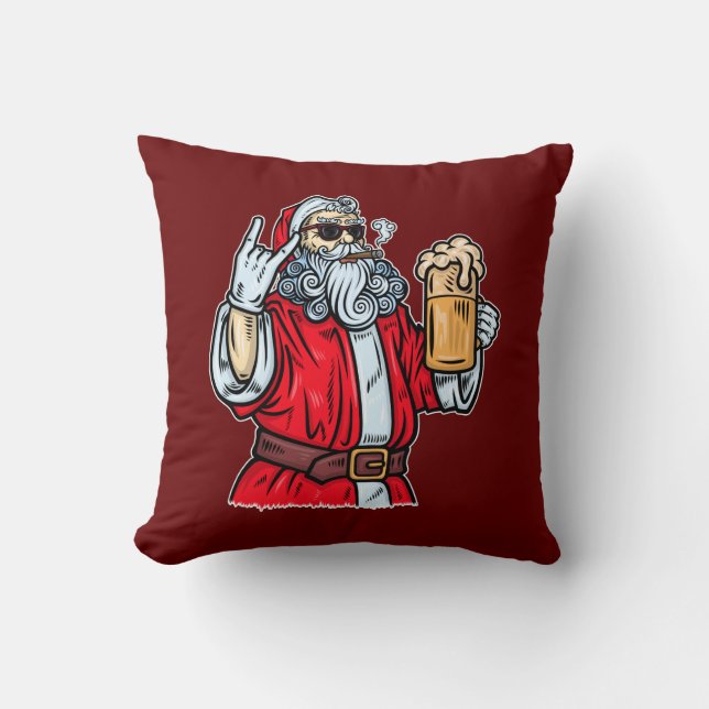 Bad Santa Claus, Rock, Beer and Cigar Throw Pillow (Front)