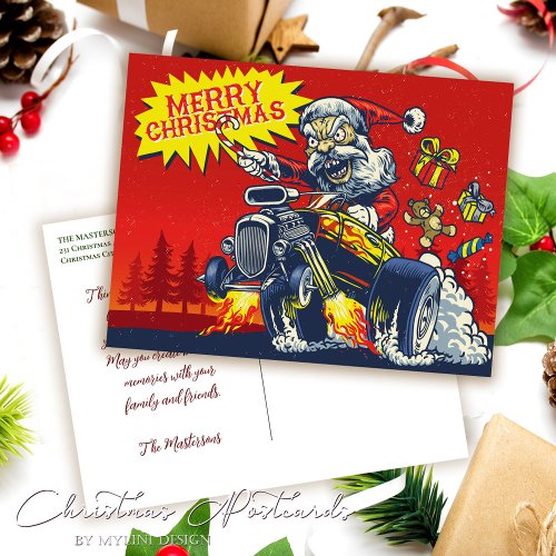 Bad Santa Rides A Wild Car Christmas Greetings Holiday Postcard