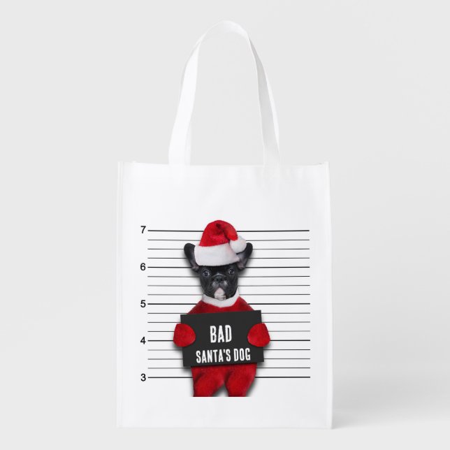 Bad Santa's Dog Mugshot Funny Christmas Grocery Bag (Front)