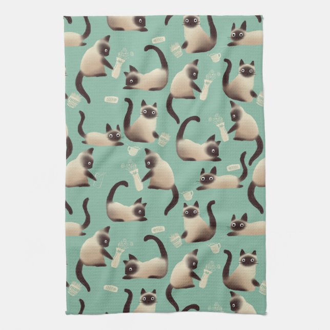 Bad Siamese Cats Knocking Stuff Over Kitchen Towel (Vertical)