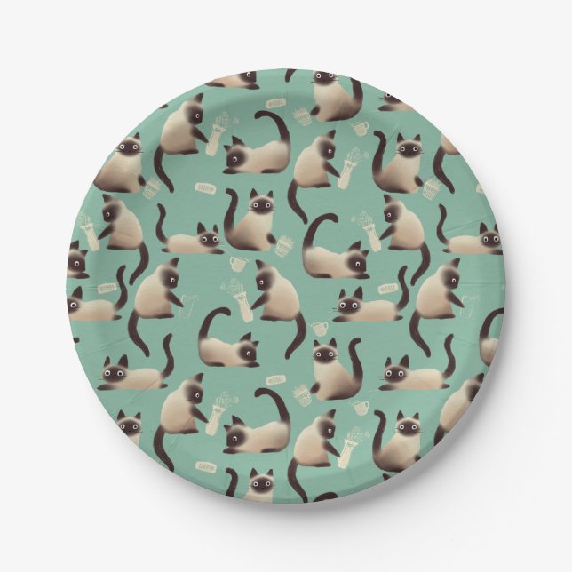 Bad Siamese Cats Knocking Stuff Over Paper Plates (Front)