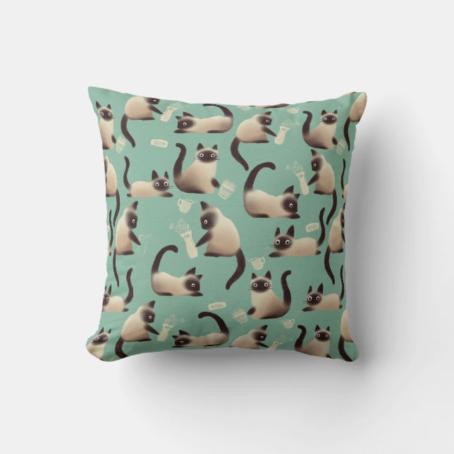 Bad Siamese Cats Knocking Stuff Over Throw Pillow (Front)