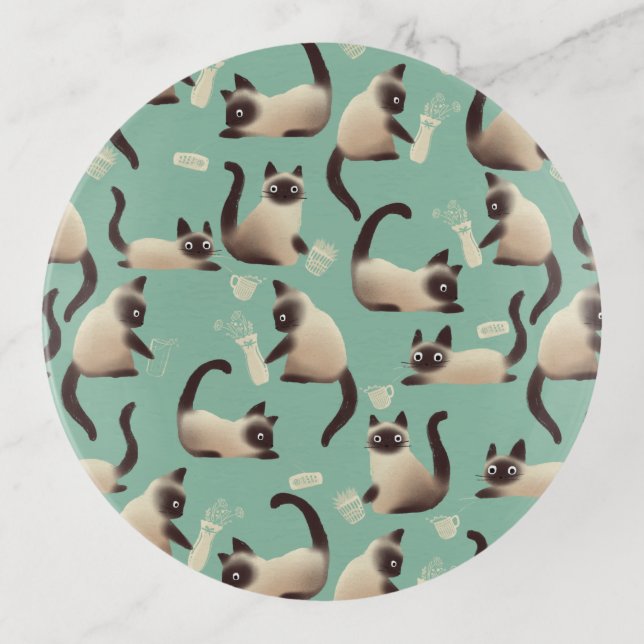 Bad Siamese Cats Knocking Stuff Over Trinket Tray (Front)