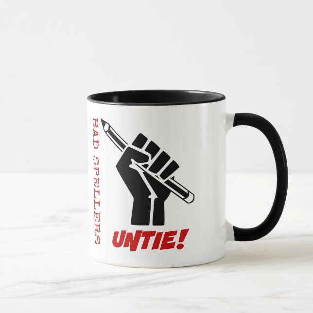 Bad Spellers Untie! Raised Fist Grammar Humor Mug (Right)