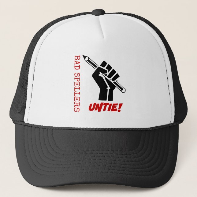 Bad Spellers Untie! Raised Fist Grammar Humor Trucker Hat (Front)