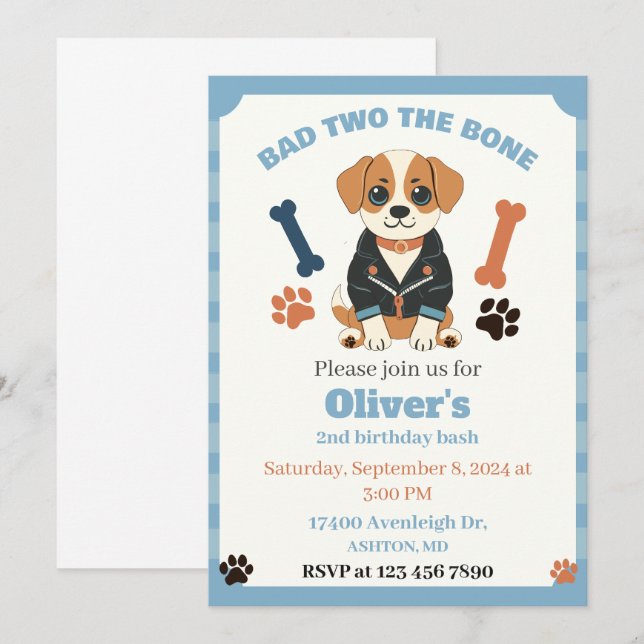 Bad two the bone dog invitation, puppy party invitation (Front/Back)