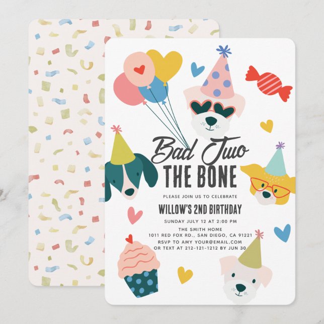 Bad Two the Bone Dogs Balloons 2nd Birthday Invitation (Front/Back)