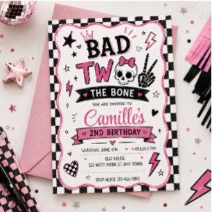 Bad Two the Bone Pink Punk Goth Skull Birthday Invitation