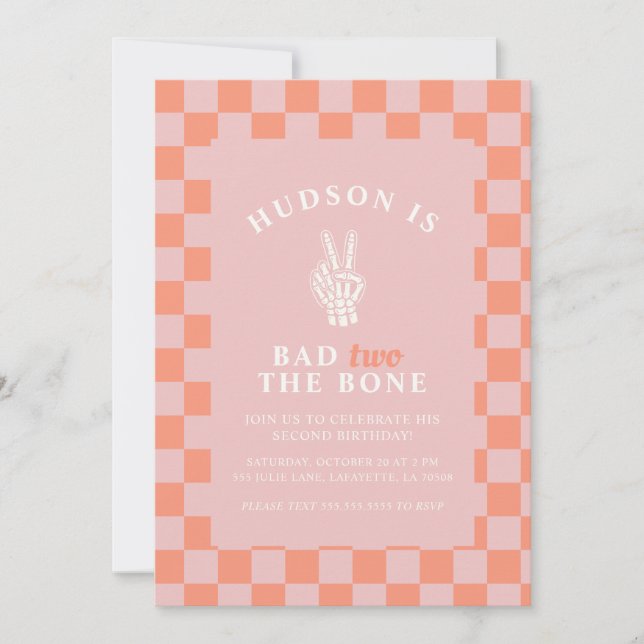 Bad TWO The Bone Pink Second Birthday Invitations (Front)