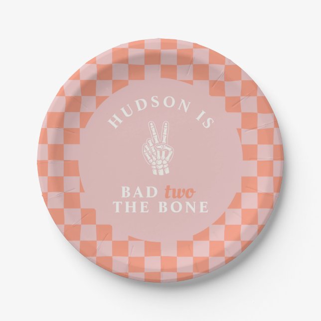 Bad TWO The Bone Pink Second Birthday Paper Plates (Front)