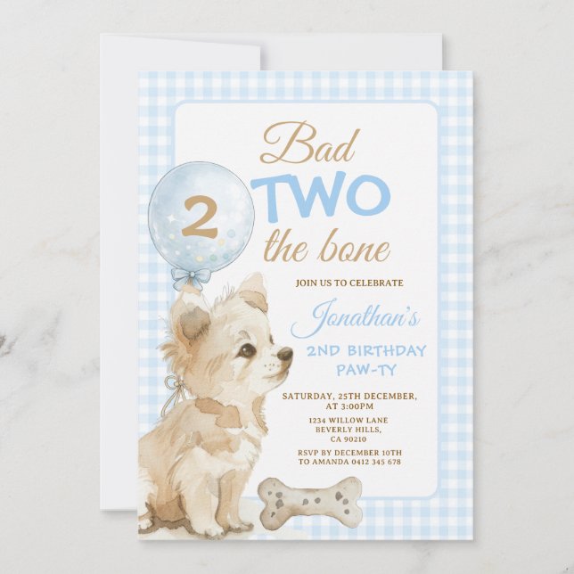 Bad Two the Bone Puppy 2nd Birthday Pawty Gingham Invitation (Front)