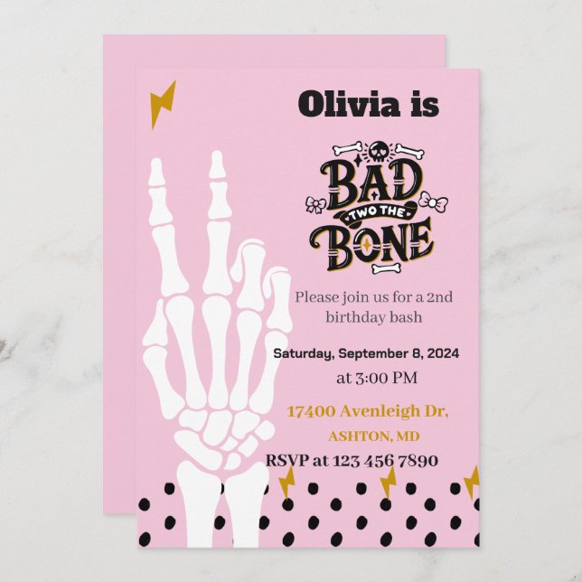 Bad two the bone second birthday invitation (Front/Back)