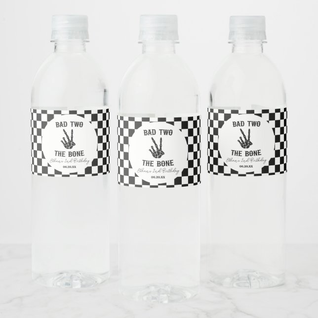 Bad Two The Bone Skeleton 2nd Birthday Party Water Bottle Label (Bottles)