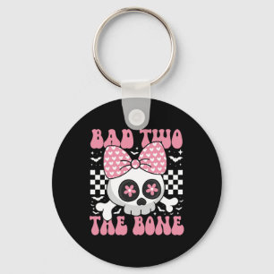 Bad Two The Bone Skull With Pink Bow For Halloween Keychain