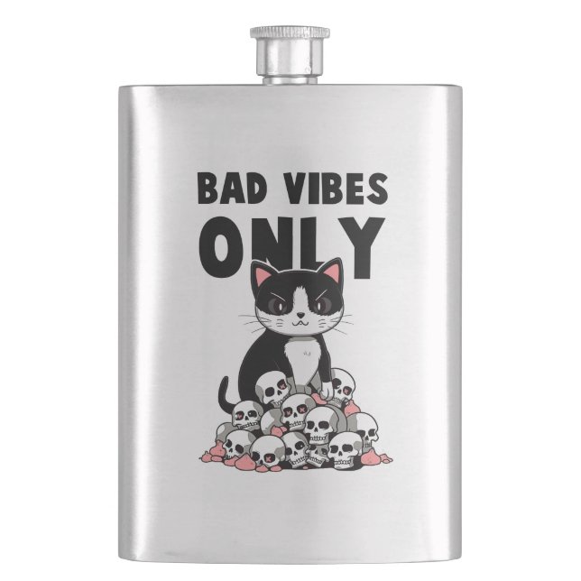 Bad Vibes Only – Cat & Skulls Flask (Front)