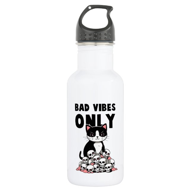 Bad Vibes Only – Cat & Skulls Stainless Steel Water Bottle (Front)