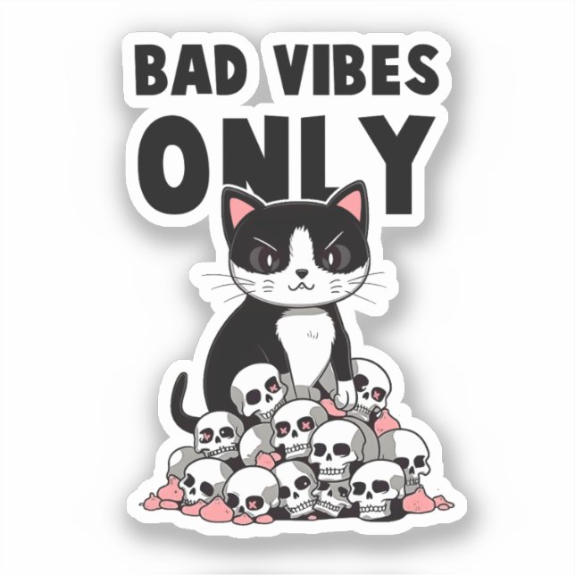 Bad Vibes Only – Cat & Skulls Sticker (Front)