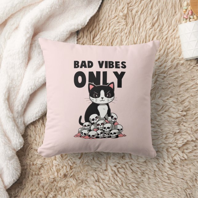 Bad Vibes Only – Cat & Skulls Throw Pillow (Blanket)