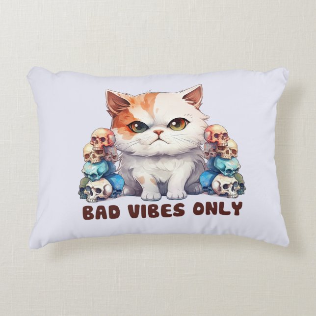 Bad Vibes Only – Fierce Cat & Skulls Gothic Design Accent Pillow (Front)