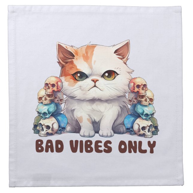 Bad Vibes Only – Fierce Cat & Skulls Gothic Design Cloth Napkin (Front)
