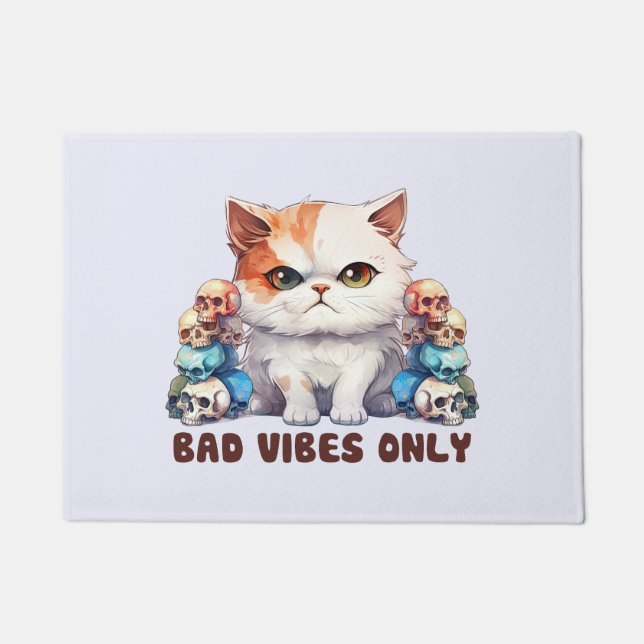 Bad Vibes Only – Fierce Cat & Skulls Gothic Design Doormat (Front)