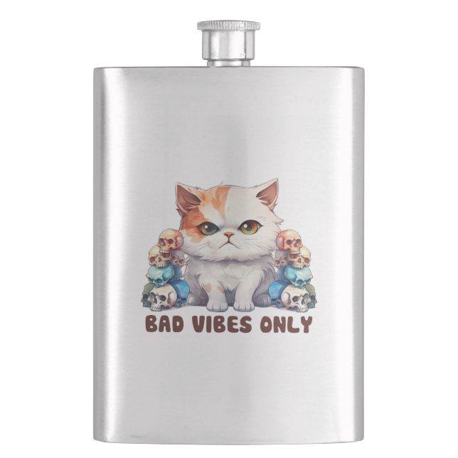 Bad Vibes Only – Fierce Cat & Skulls Gothic Design Flask (Front)