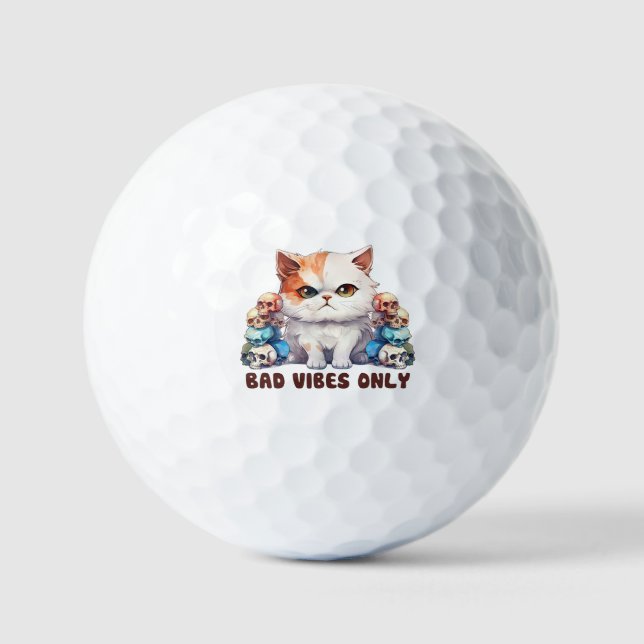 Bad Vibes Only – Fierce Cat & Skulls Gothic Design Golf Balls (Front)