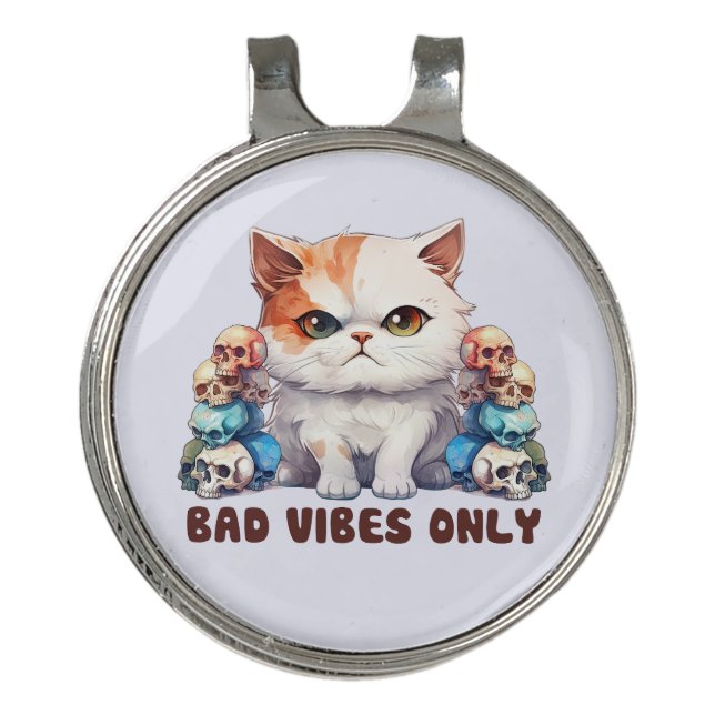Bad Vibes Only – Fierce Cat & Skulls Gothic Design Golf Hat Clip (Front)