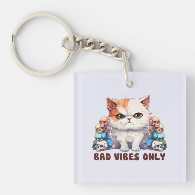 Bad Vibes Only – Fierce Cat & Skulls Gothic Design Keychain (Front)
