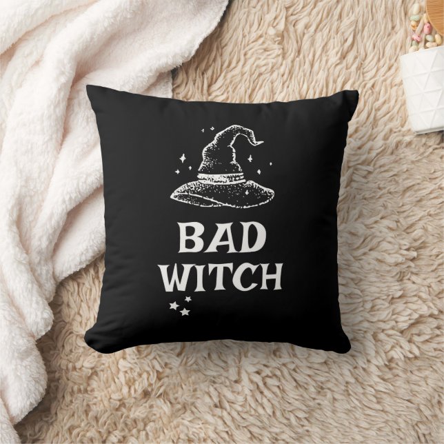 Bad Witch Black and White Halloween Witch Hat  Throw Pillow (Blanket)