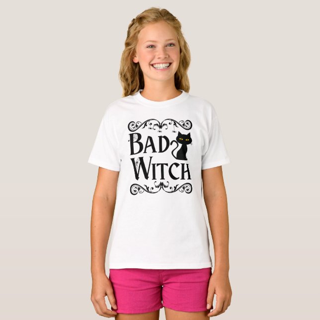 bad Witch black cat black and white Halloween  T-Shirt (Front Full)