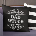 Bad Witch Black Custom Halloween Throw Pillow<br><div class="desc">Are you a good witch or a bad witch? Celebrate Halloween in style with this custom "Bad Witch" typography throw pillow design that can be customized with your preferred Good or Bad or Other Witch text. White background (can be customized) with black decorative text and scroll design.</div>