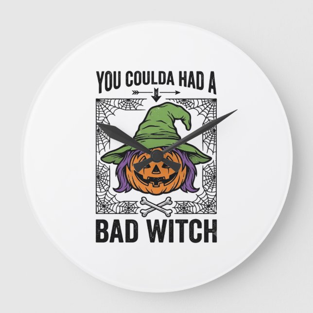 Bad Witch Funny Halloween Pumpkin Witch_1 Large Clock (Front)