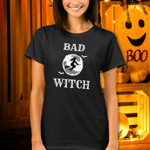 Bad Witch Riding Broom Womens Custom Halloween T_Shirt