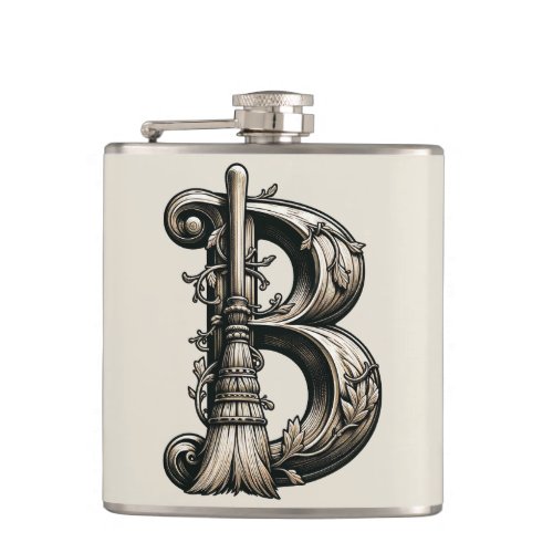 Bad Witch Witchy Broom Letter B Custom Initial  Flask